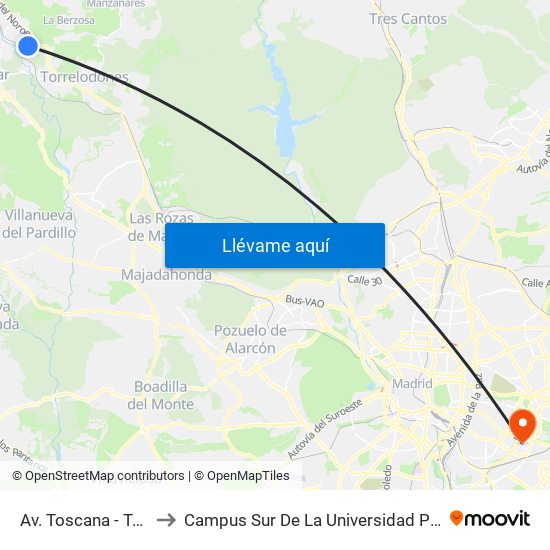 Av. Toscana - Tejas Verdes to Campus Sur De La Universidad Politécnica De Madrid map