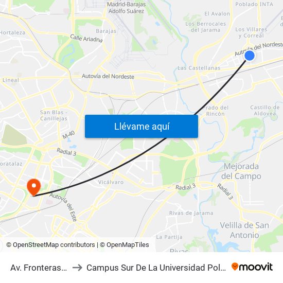 Av. Fronteras - Madrid to Campus Sur De La Universidad Politécnica De Madrid map