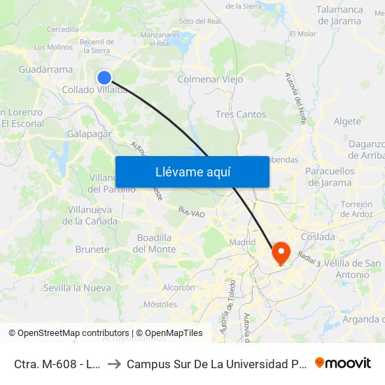 Ctra. M-608 - Los Chopos to Campus Sur De La Universidad Politécnica De Madrid map