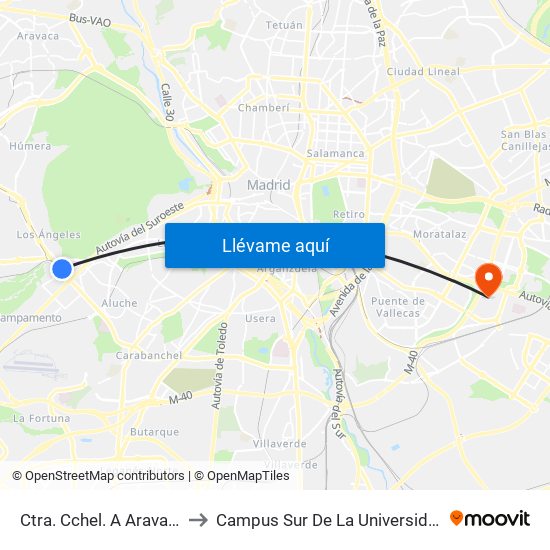 Ctra. Cchel. A Aravaca - Colonia Jardín to Campus Sur De La Universidad Politécnica De Madrid map