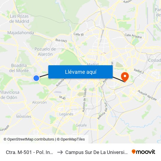 Ctra. M-501 - Pol. Ind. Ventorro Del Cano to Campus Sur De La Universidad Politécnica De Madrid map
