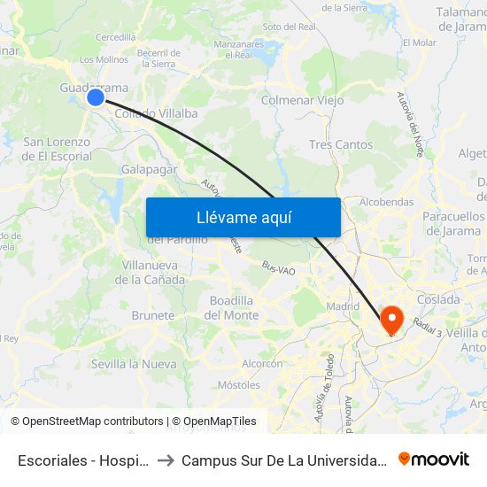 Escoriales - Hospital Guadarrama to Campus Sur De La Universidad Politécnica De Madrid map