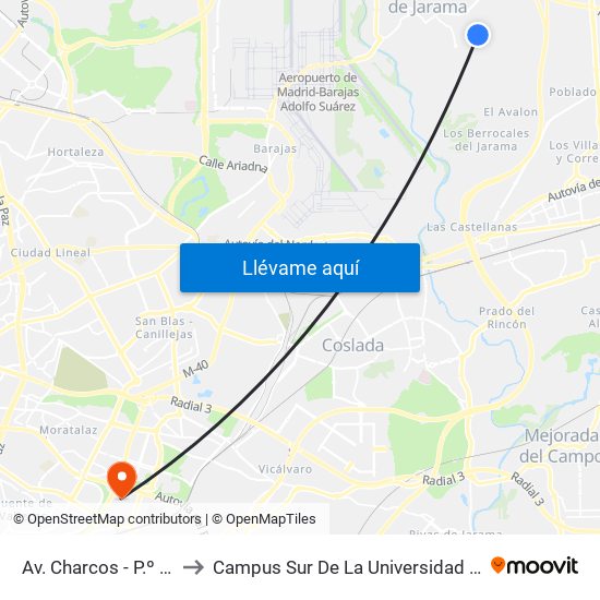 Av. Charcos - P.º Las Camelias to Campus Sur De La Universidad Politécnica De Madrid map