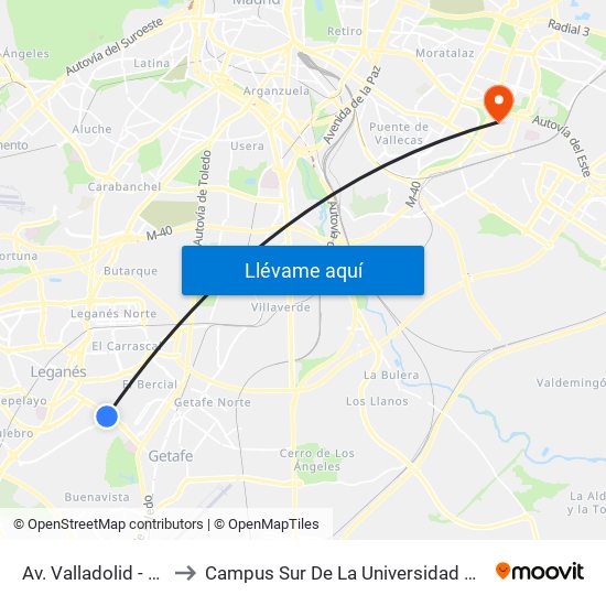 Av. Valladolid - Ctra. M-406 to Campus Sur De La Universidad Politécnica De Madrid map