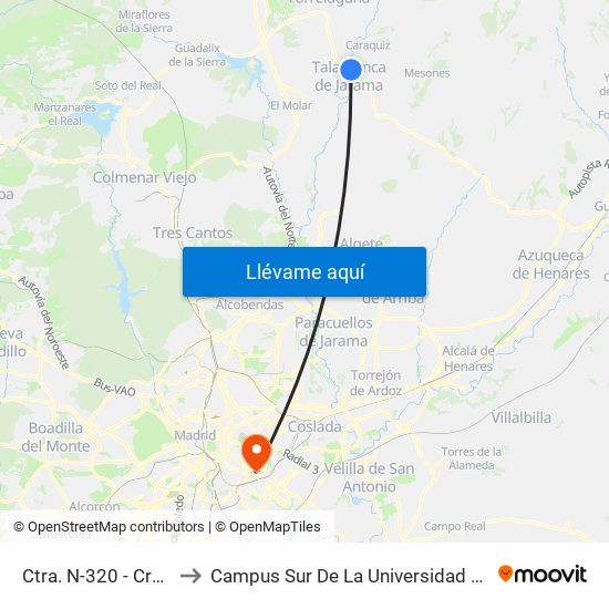 Ctra. N-320 - Cruce Caraquiz to Campus Sur De La Universidad Politécnica De Madrid map