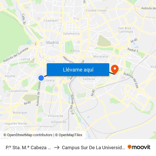 P.º Sta. M.ª Cabeza - Est. Plaza Elíptica to Campus Sur De La Universidad Politécnica De Madrid map