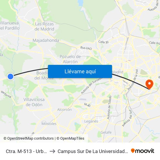 Ctra. M-513 - Urb. Guadamonte to Campus Sur De La Universidad Politécnica De Madrid map