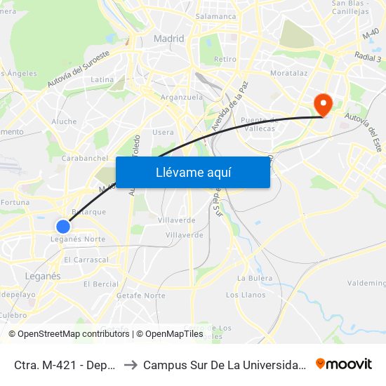 Ctra. M-421 - Deportivo Butarque to Campus Sur De La Universidad Politécnica De Madrid map