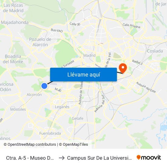 Ctra. A-5 - Museo Del Aire Y Del Espacio to Campus Sur De La Universidad Politécnica De Madrid map