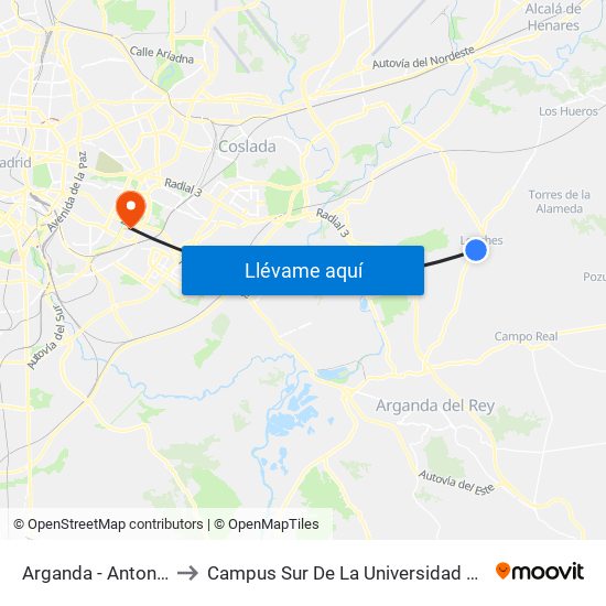 Arganda - Antonio Machado to Campus Sur De La Universidad Politécnica De Madrid map