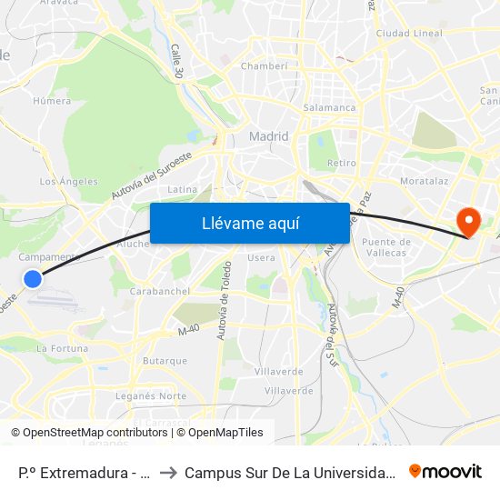 P.º Extremadura - Cuatro Vientos to Campus Sur De La Universidad Politécnica De Madrid map