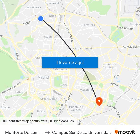 Monforte De Lemos - La Vaguada to Campus Sur De La Universidad Politécnica De Madrid map