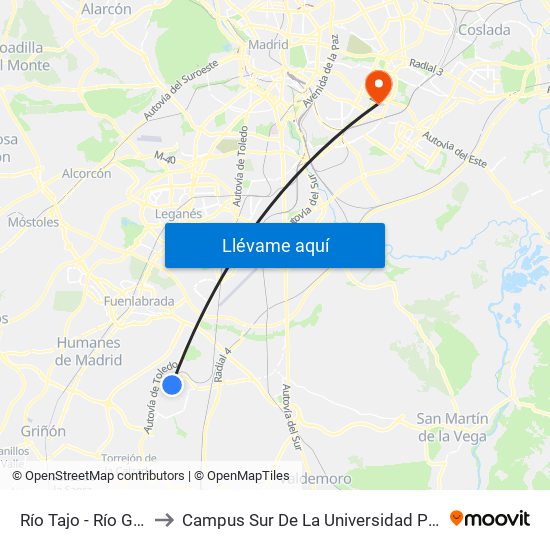 Río Tajo - Río Guadarrama to Campus Sur De La Universidad Politécnica De Madrid map