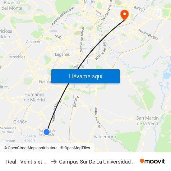 Real - Veintisiete De Octubre to Campus Sur De La Universidad Politécnica De Madrid map