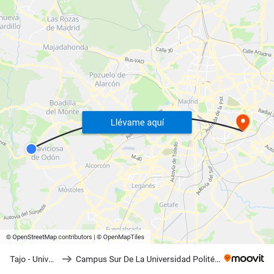 Tajo - Universidad to Campus Sur De La Universidad Politécnica De Madrid map
