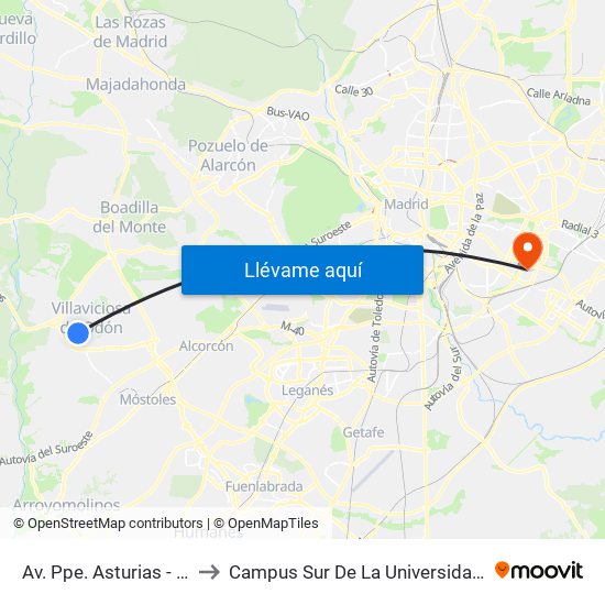 Av. Ppe. Asturias - Centro De Salud to Campus Sur De La Universidad Politécnica De Madrid map