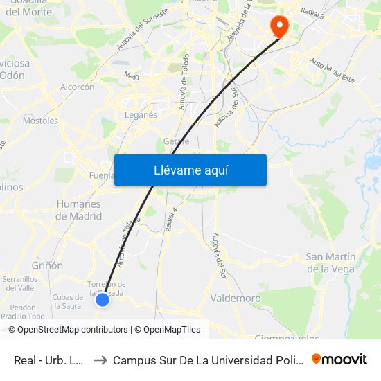 Real - Urb. Los Pinos to Campus Sur De La Universidad Politécnica De Madrid map