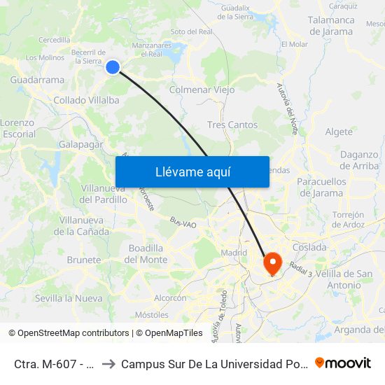 Ctra. M-607 - Las Viñas to Campus Sur De La Universidad Politécnica De Madrid map