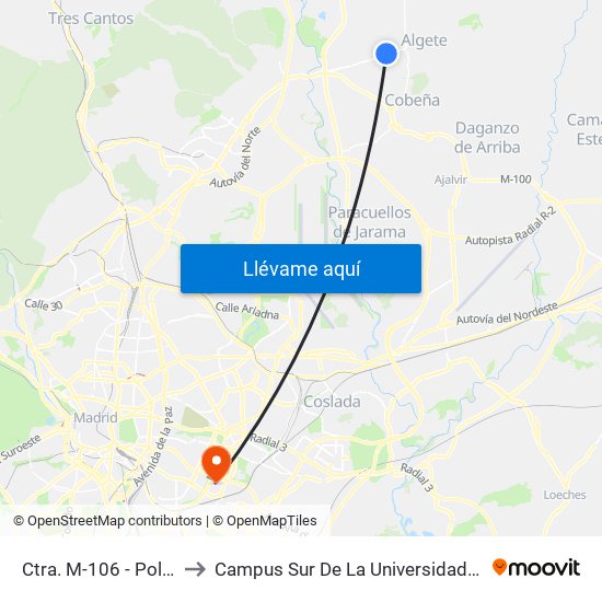 Ctra. M-106 - Pol. Ind. El Nogal to Campus Sur De La Universidad Politécnica De Madrid map