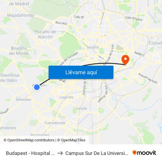 Budapest - Hospital Fundación Alcorcón to Campus Sur De La Universidad Politécnica De Madrid map