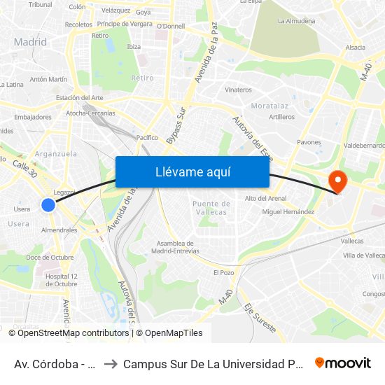 Av. Córdoba - Gta. Cádiz to Campus Sur De La Universidad Politécnica De Madrid map
