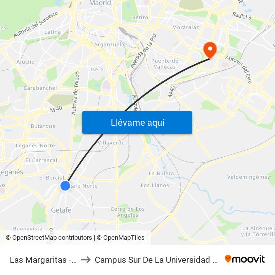 Las Margaritas - Universidad to Campus Sur De La Universidad Politécnica De Madrid map