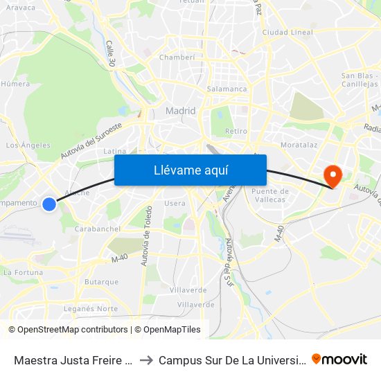 Maestra Justa Freire - Polideportivo Aluche to Campus Sur De La Universidad Politécnica De Madrid map