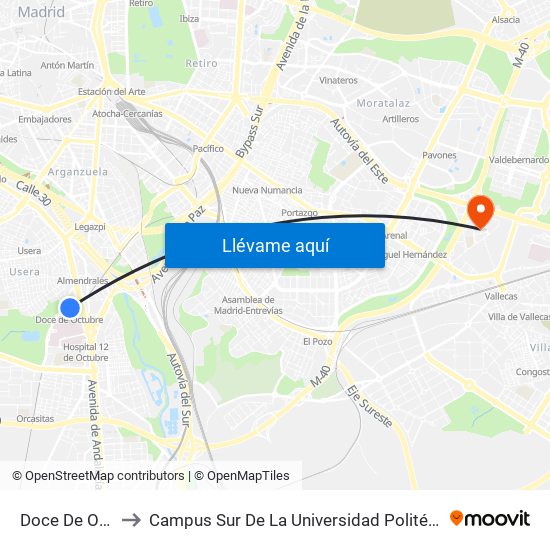 Doce De Octubre to Campus Sur De La Universidad Politécnica De Madrid map