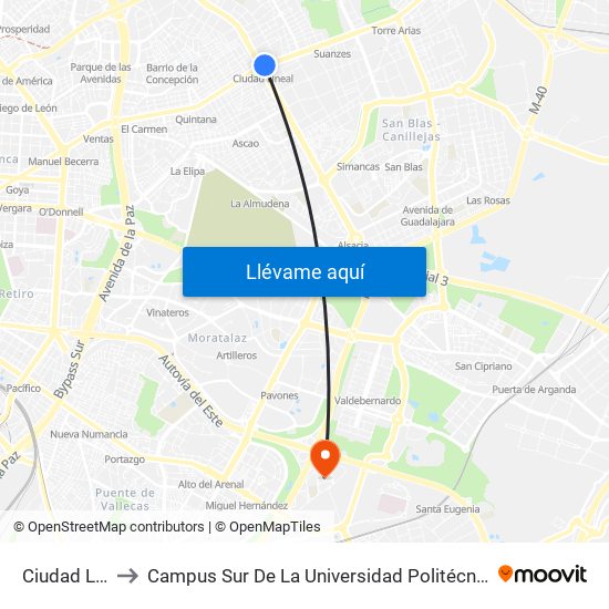 Ciudad Lineal to Campus Sur De La Universidad Politécnica De Madrid map