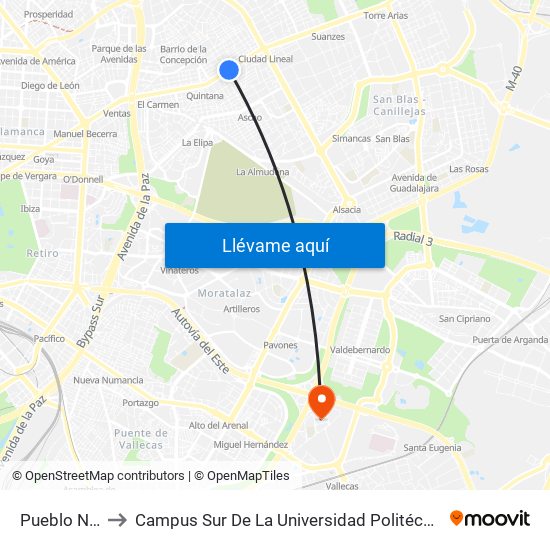 Pueblo Nuevo to Campus Sur De La Universidad Politécnica De Madrid map