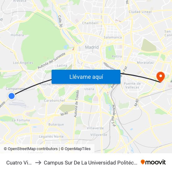 Cuatro Vientos to Campus Sur De La Universidad Politécnica De Madrid map