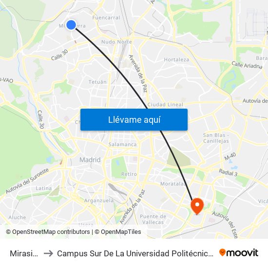 Mirasierra to Campus Sur De La Universidad Politécnica De Madrid map