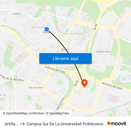 Artilleros to Campus Sur De La Universidad Politécnica De Madrid map
