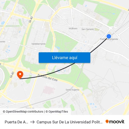 Puerta De Arganda to Campus Sur De La Universidad Politécnica De Madrid map