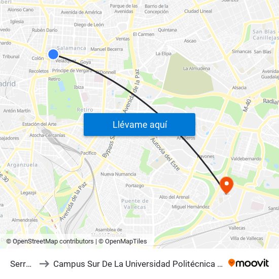 Serrano to Campus Sur De La Universidad Politécnica De Madrid map