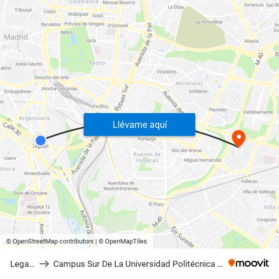 Legazpi to Campus Sur De La Universidad Politécnica De Madrid map
