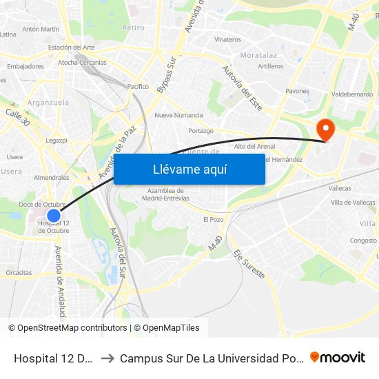 Hospital 12 De Octubre to Campus Sur De La Universidad Politécnica De Madrid map
