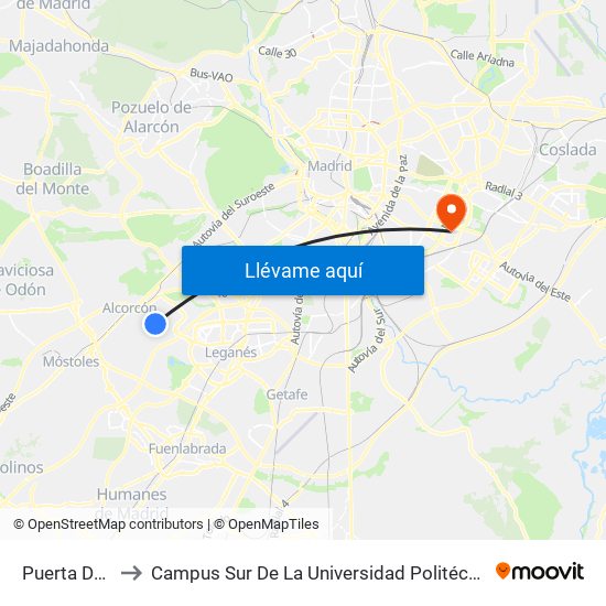 Puerta Del Sur to Campus Sur De La Universidad Politécnica De Madrid map