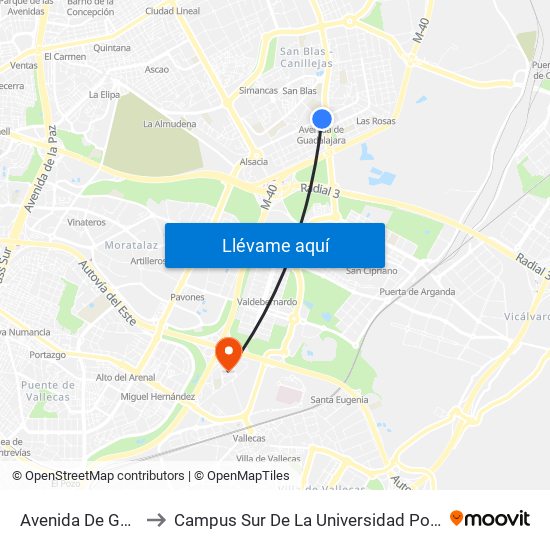 Avenida De Guadalajara to Campus Sur De La Universidad Politécnica De Madrid map