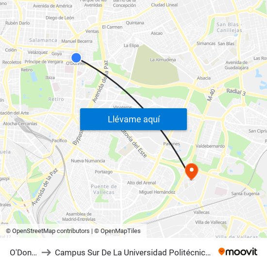 O'Donnell to Campus Sur De La Universidad Politécnica De Madrid map