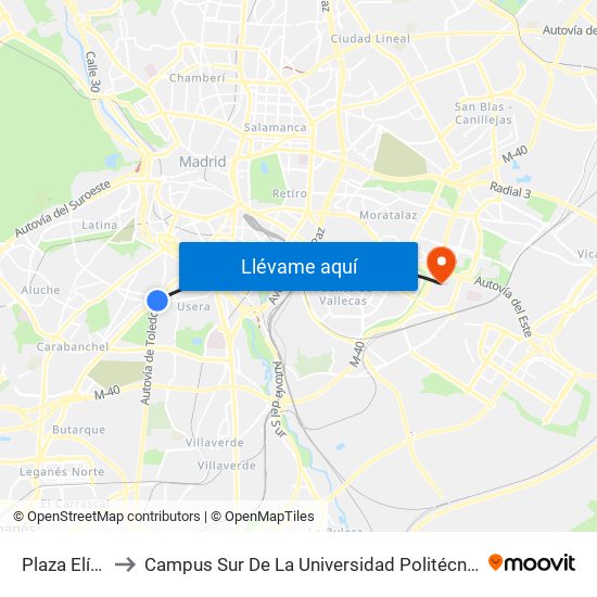Plaza Elíptica to Campus Sur De La Universidad Politécnica De Madrid map