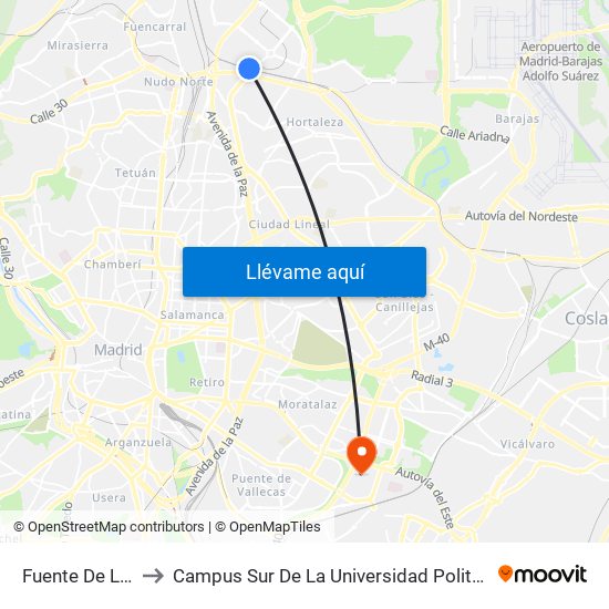 Fuente De La Mora to Campus Sur De La Universidad Politécnica De Madrid map