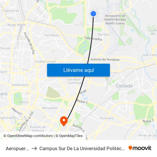 Aeropuerto T4 to Campus Sur De La Universidad Politécnica De Madrid map