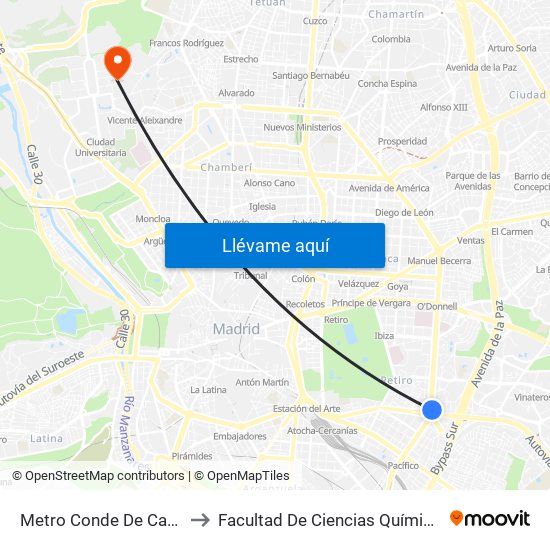 Metro Conde De Casal to Facultad De Ciencias Químicas map