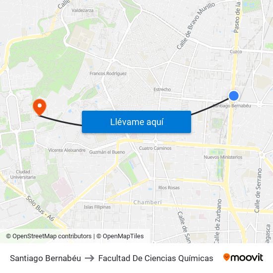 Santiago Bernabéu to Facultad De Ciencias Químicas map