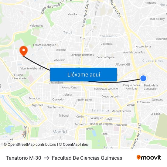 Tanatorio M-30 to Facultad De Ciencias Químicas map