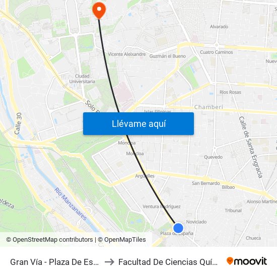 Gran Vía - Plaza De España to Facultad De Ciencias Químicas map