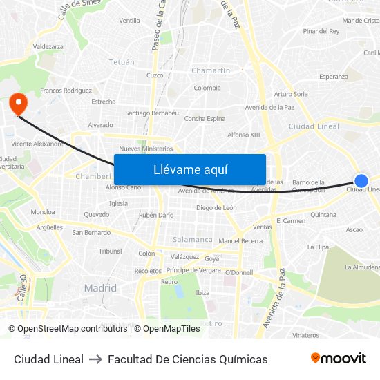 Ciudad Lineal to Facultad De Ciencias Químicas map