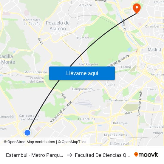 Estambul - Metro Parque Oeste to Facultad De Ciencias Químicas map