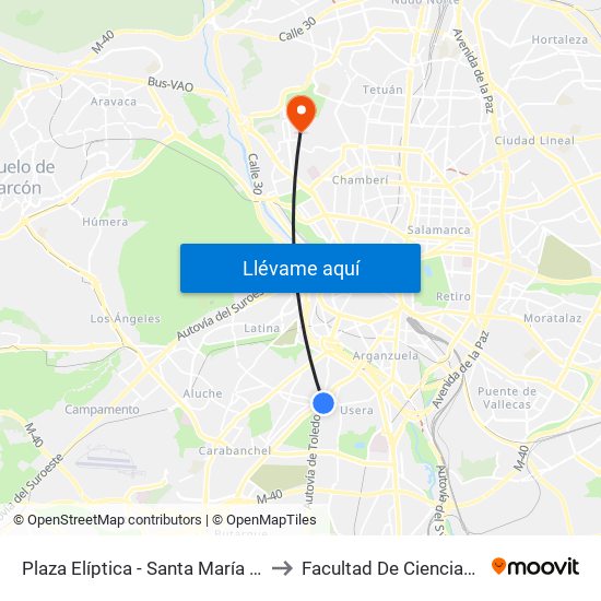 Plaza Elíptica - Santa María De La Cabeza to Facultad De Ciencias Químicas map